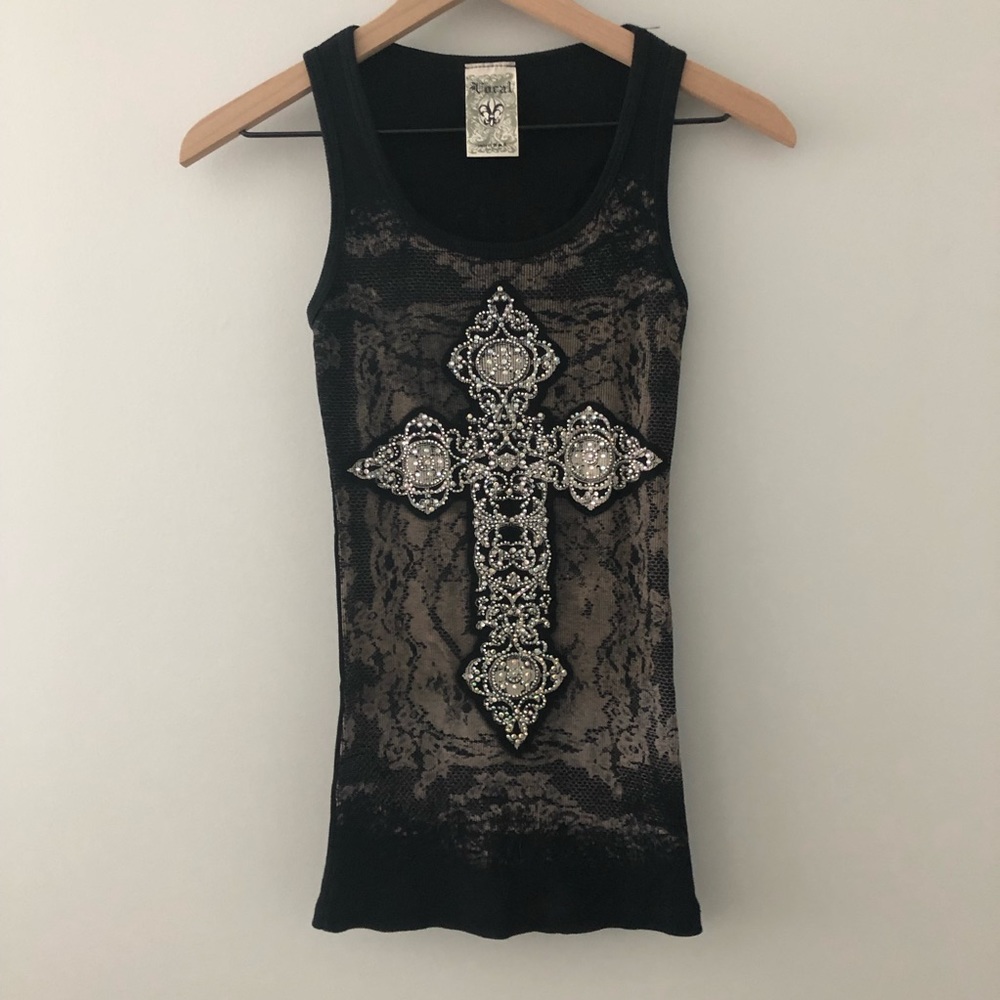 Vocal Ribbed Tank Top Rhinestone Cross